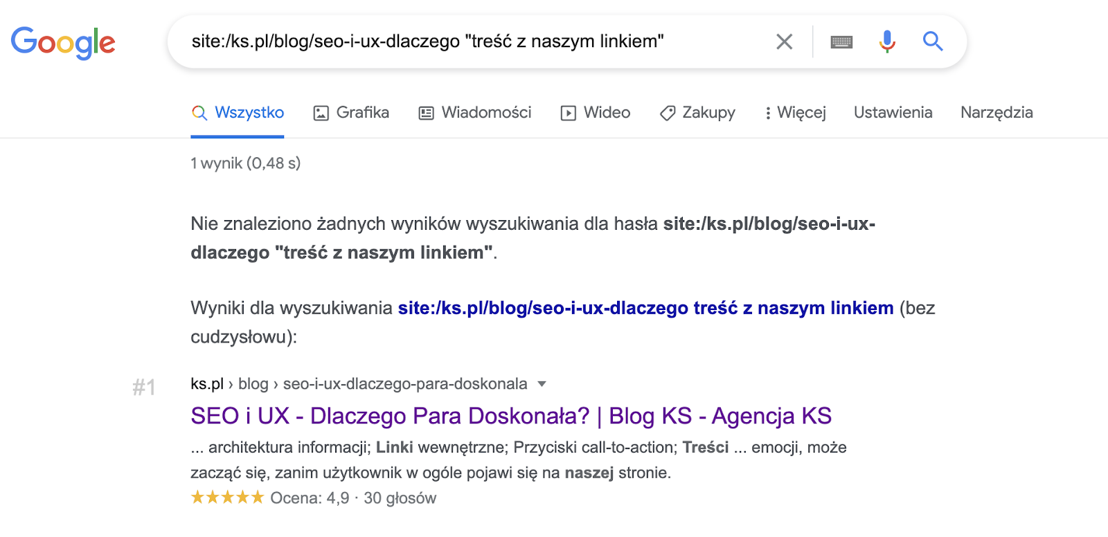 Wynik pokazuje, że fragment treści nie występuje we wpisie blogowym w serwisie ks.pl