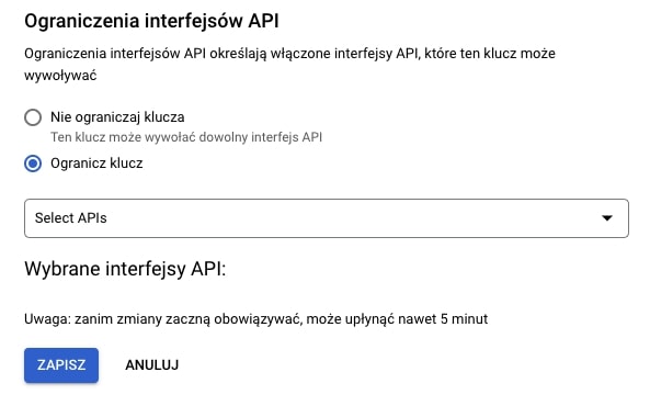 Klucz API Google - ograniczenie interfejsów