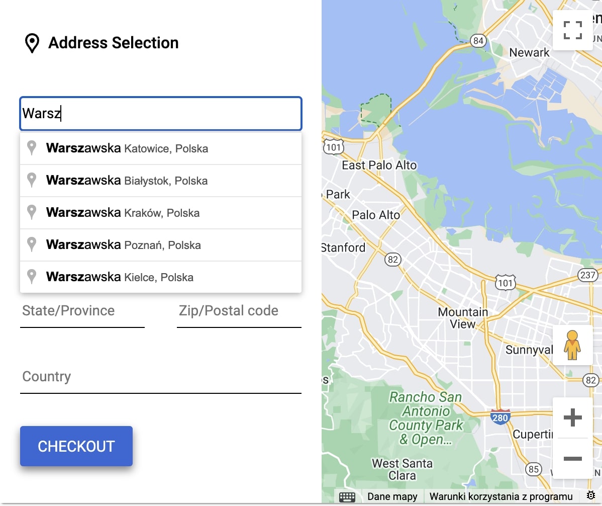 Podpowiedzi adresów poprzez Google Maps API