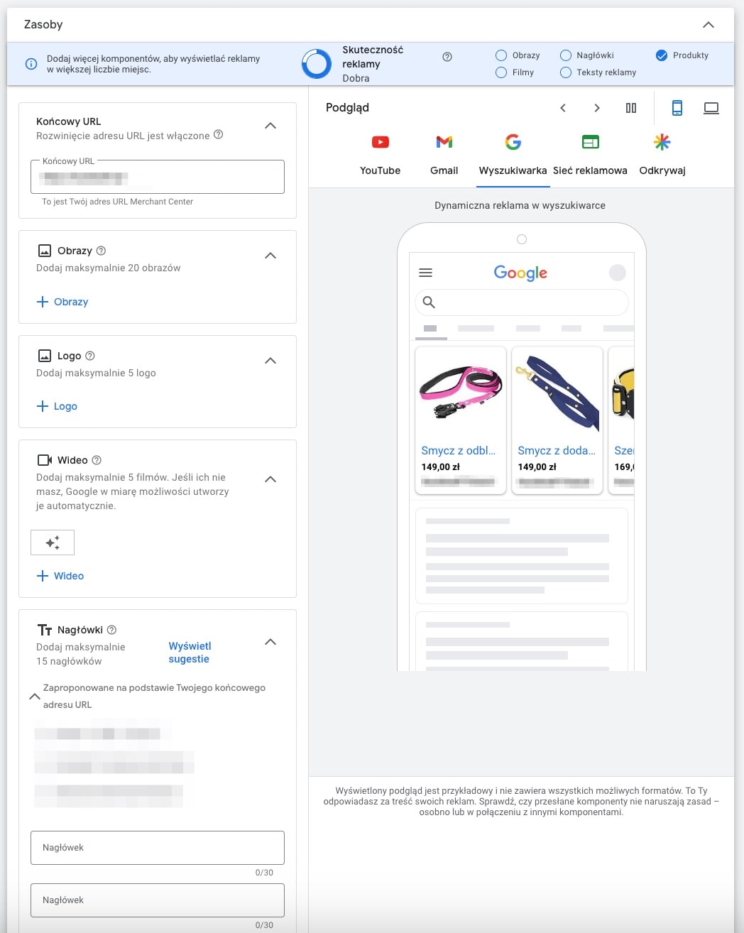 Zrzut panelu Google Ads — komponenty