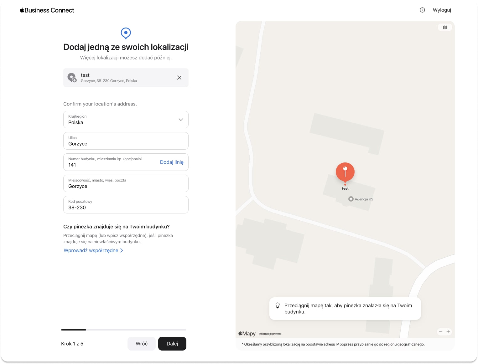 Uzupełnianie adresu firmy w Apple Business Connect