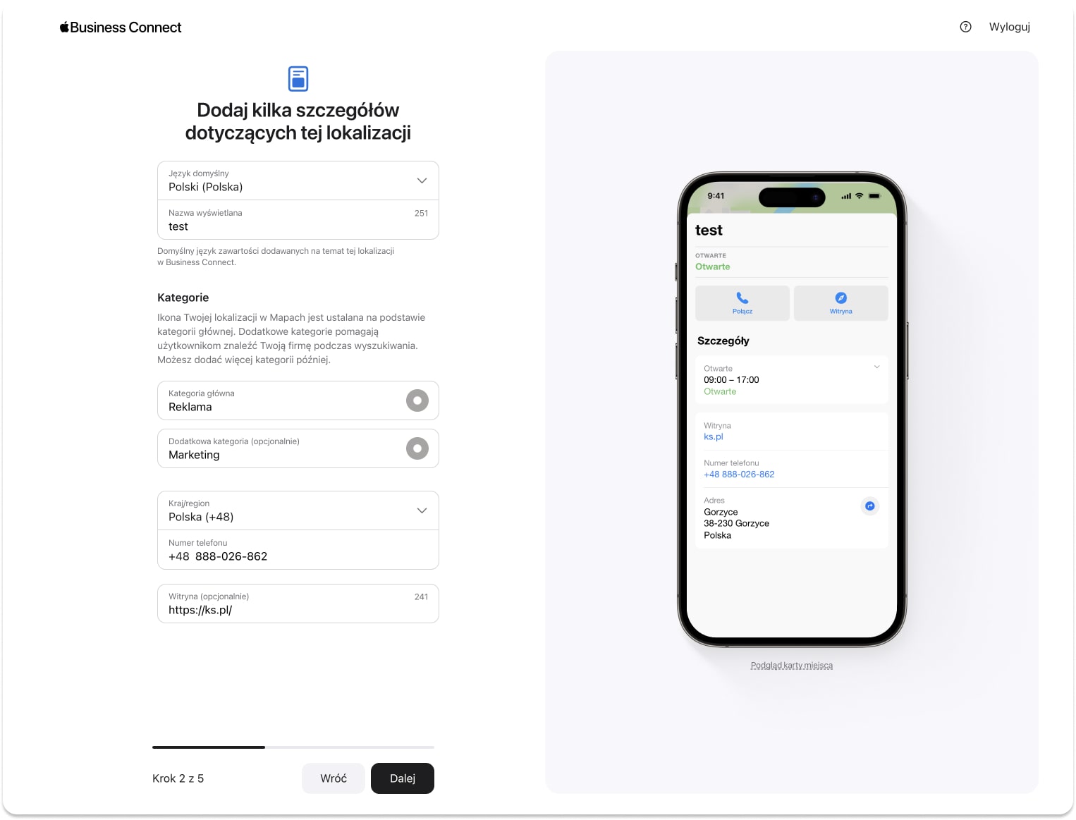 Uzupełnianie danych kontaktowych w Apple Business Connect