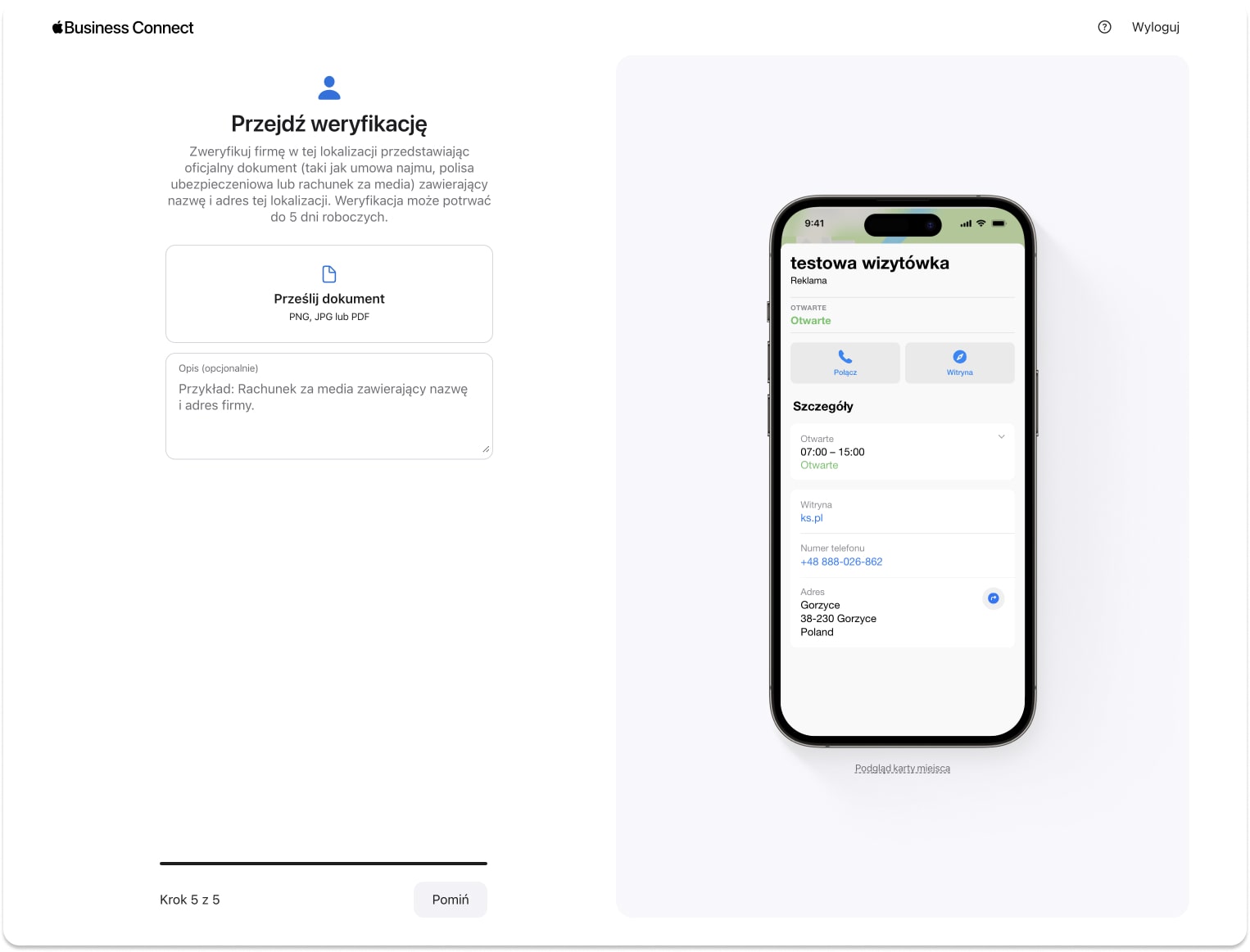 Weryfikacja wizytówki w Apple Business Connect