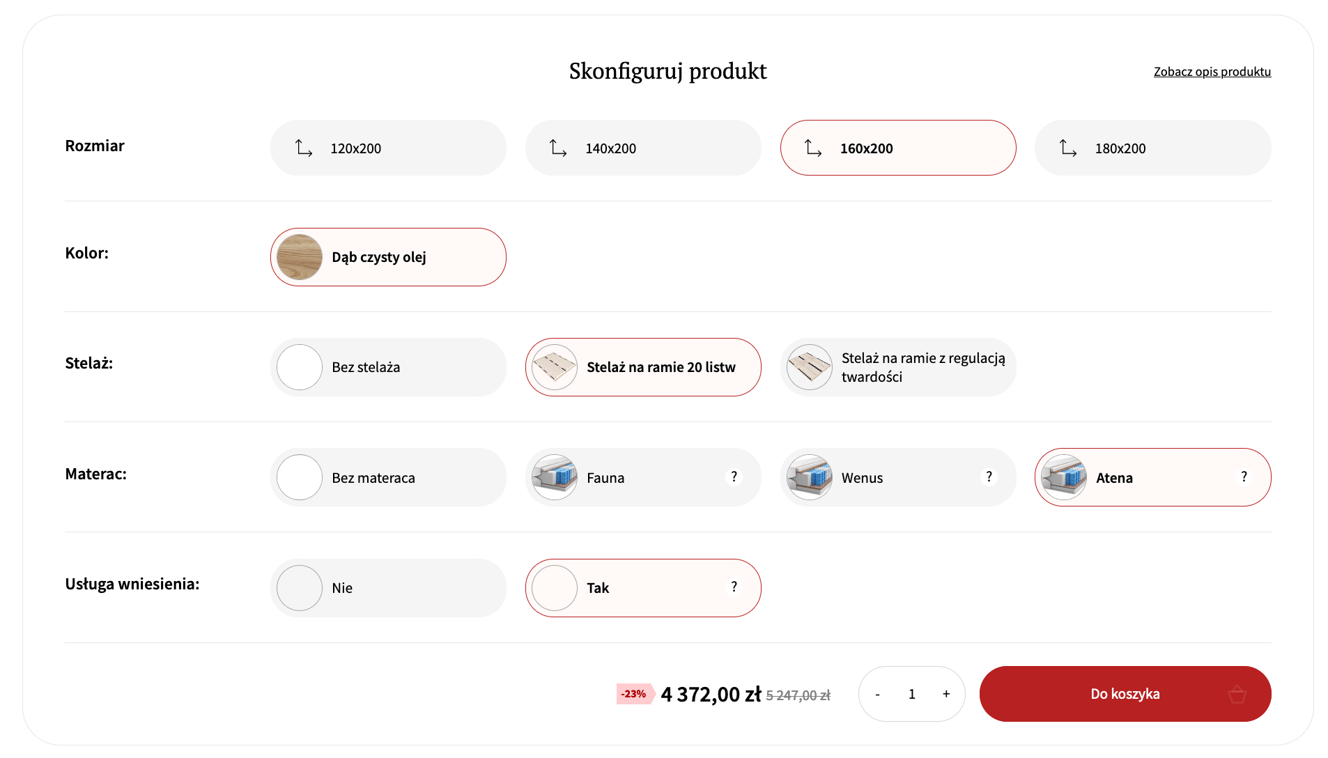 Konfigurator personalizacji łóżka na Meblemagnat.pl.
