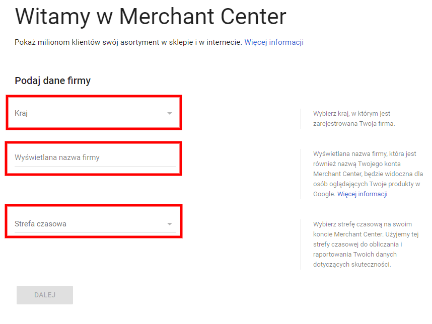 Konfiguracja konta Google Merchant Center