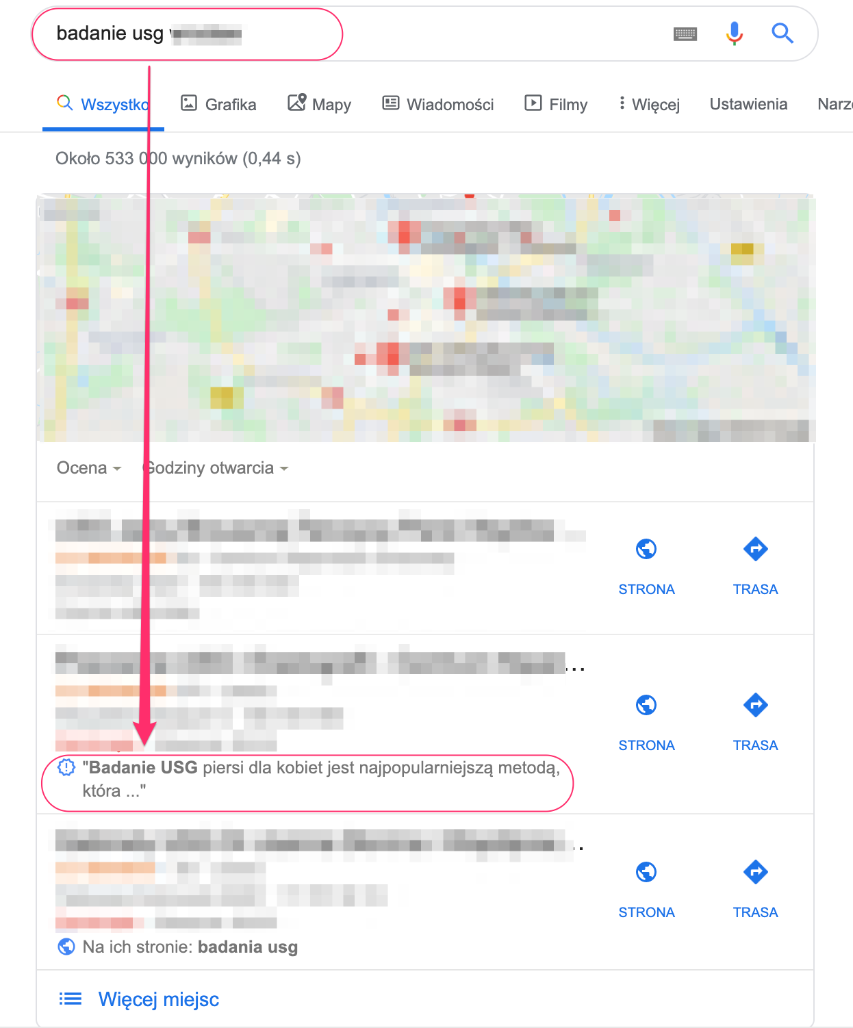 Widok wyników wyszukiwania w Mapach