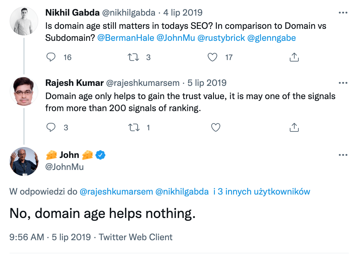 Twitter - John Mueller o domain age